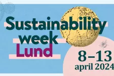 Flyer for Sustainability week 2024 in blue and pink with yellow globe. Illustration.