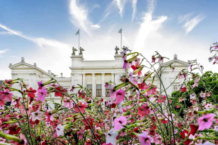 Lund University's main building with flowers in front of the building. Photo.