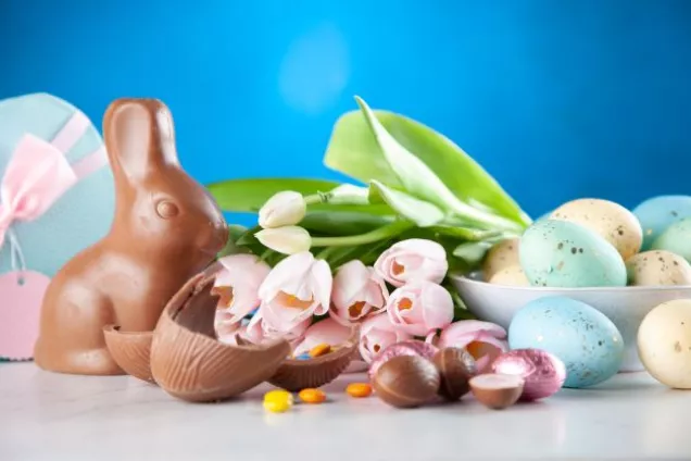 Easter chocolate bunny and flowers, photo by George Dolgikh.