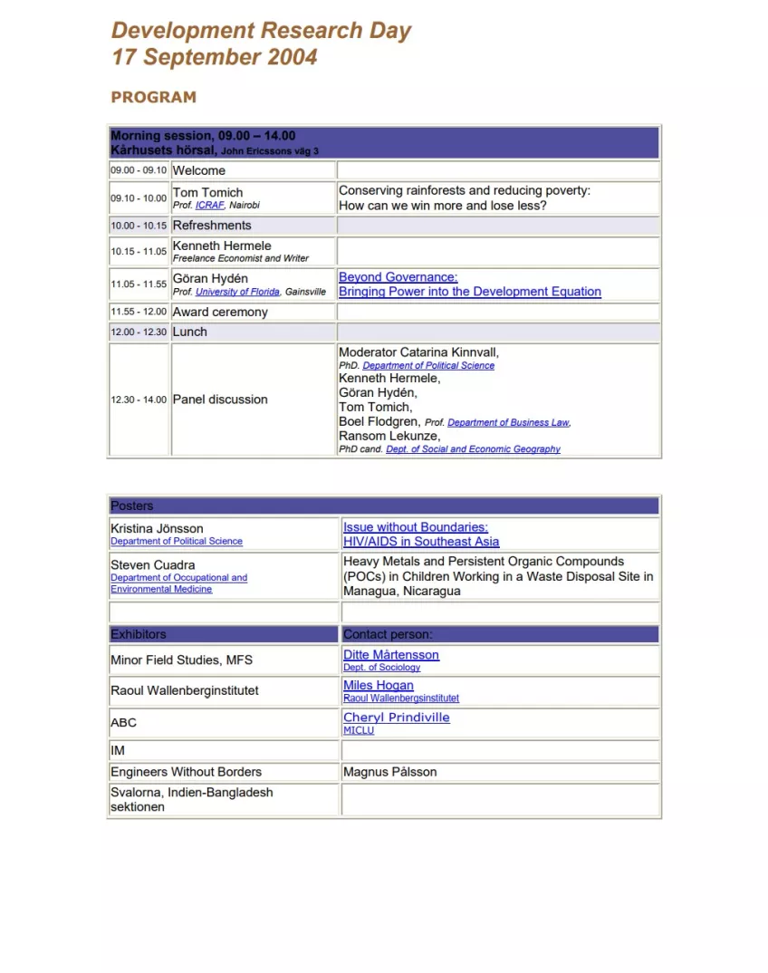 Programme for Research Development Day 2004 page 1. Picture.