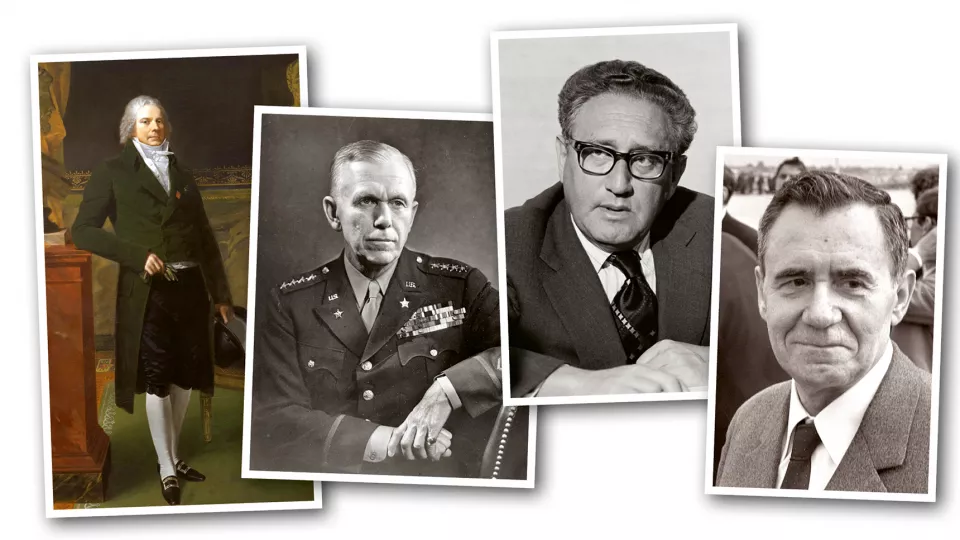 Fyra bilder på Charles-Maurice de ­Talleyrand, ­George ­Marshall, Henry ­Kissinger och Andrey ­Gromyko. Montage.