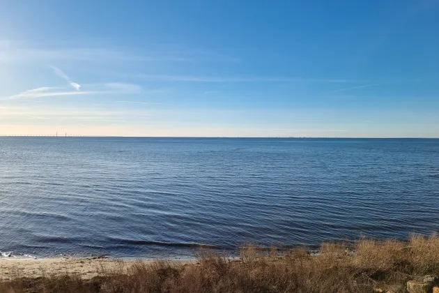 Blå horisont och blått hav med strand. Foto.