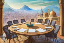 A big round table with chairs with an Arab city and mountains in the background. Papers and pens on the table.
