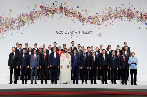 Bild på världsledarna från G20 mötet år 2019. Foto.