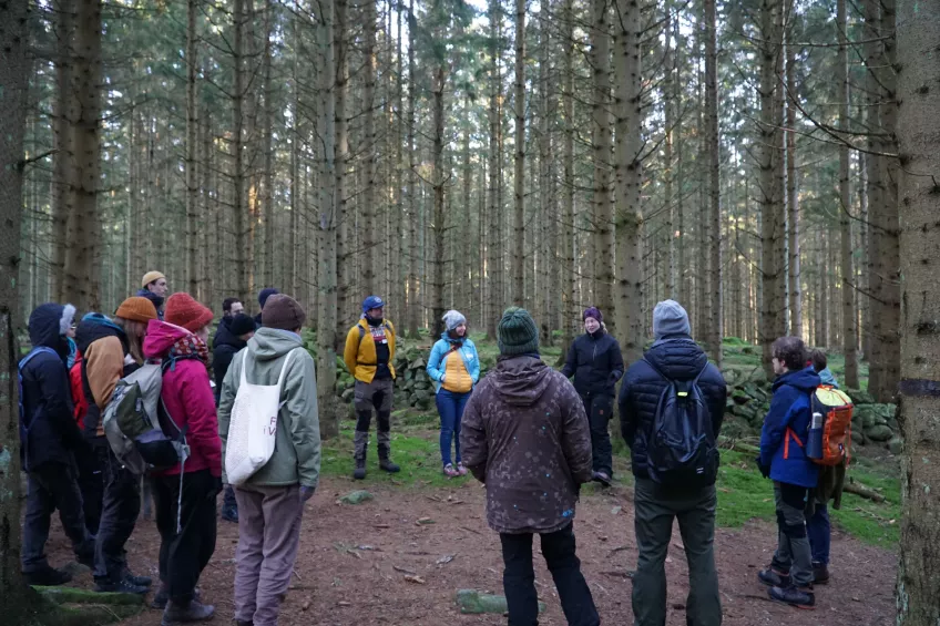 Forest research beyond disciplines, photo of group in forest.